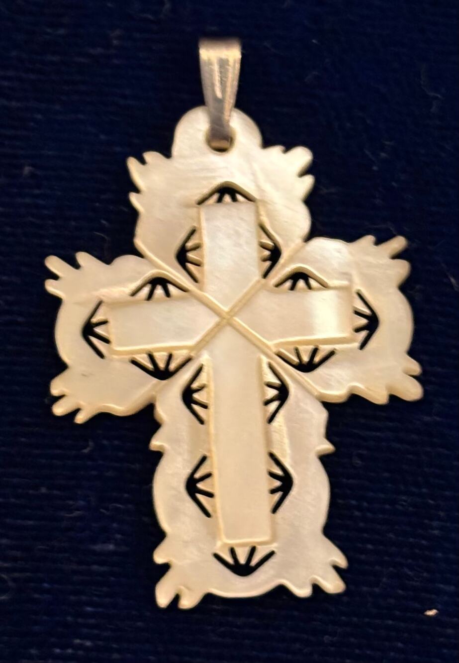 Vintage Ornate Carved Mother of Pearl MOP Shell Religious Cross Pendant 1.25 x 1